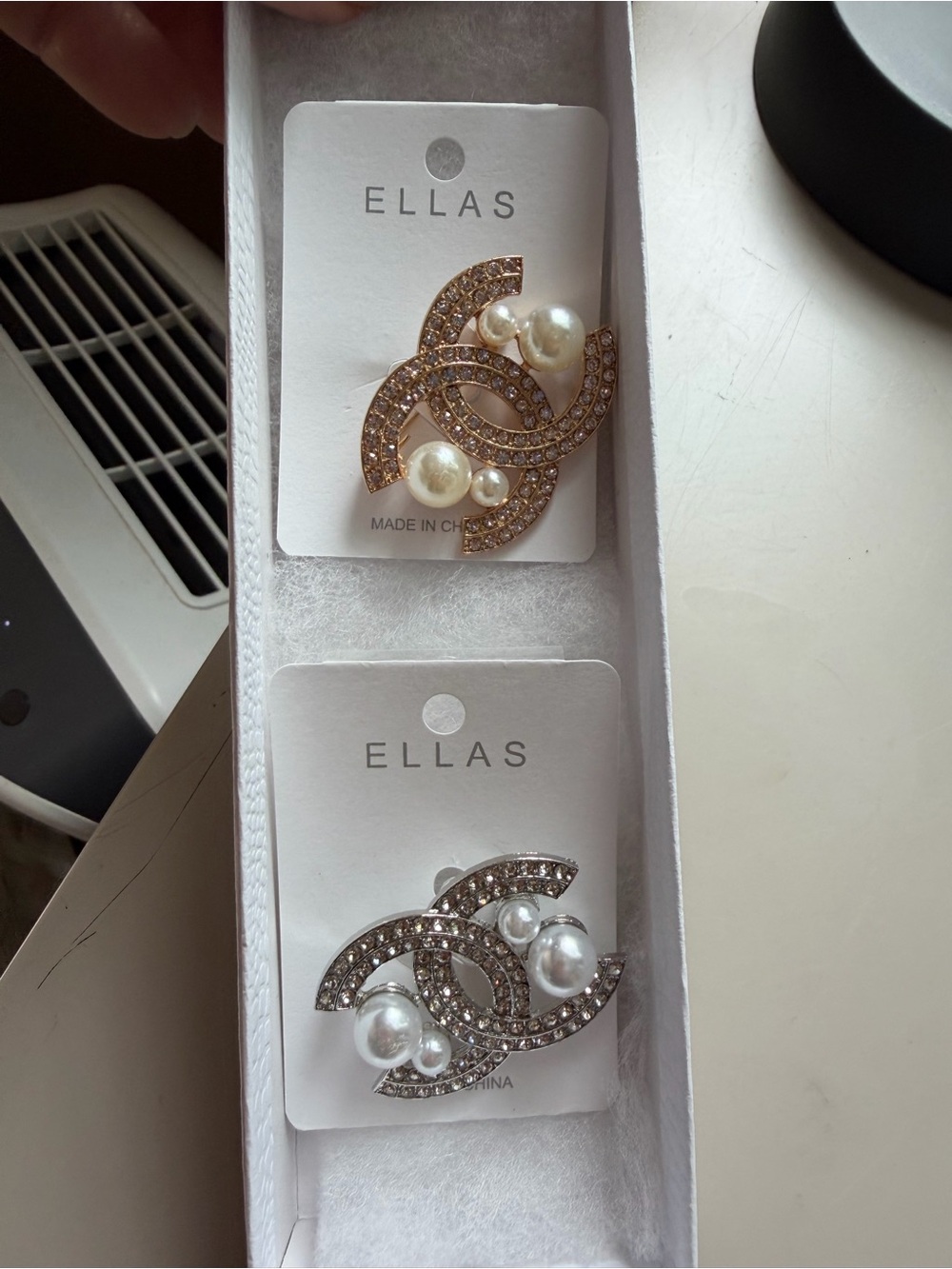 A Pair of Ella Pearl & Crystal Interlocking Brooch - Gold and Silver Options
